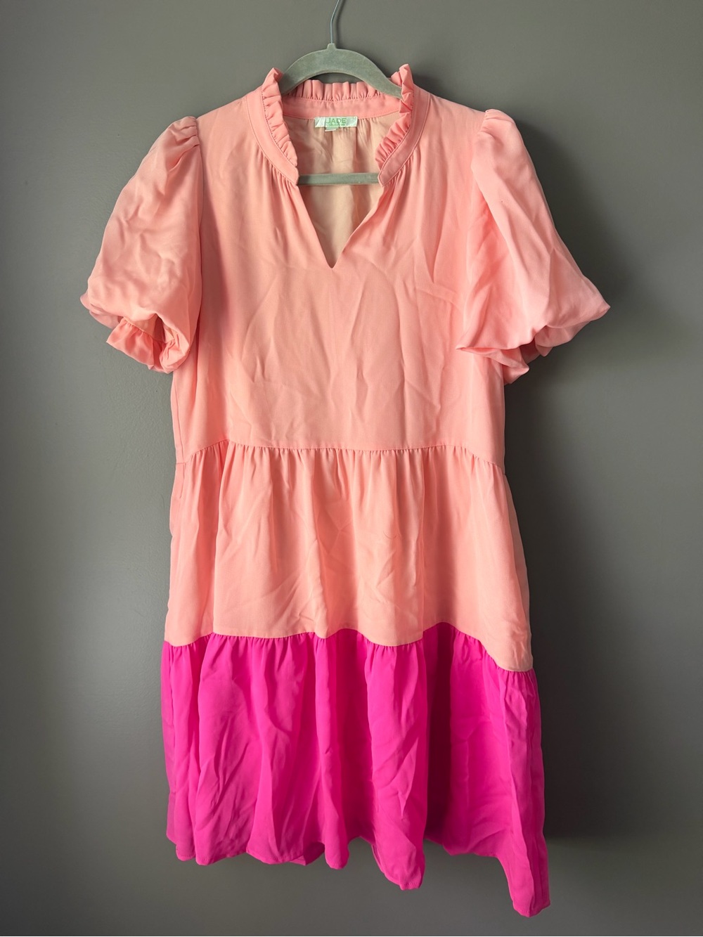 Jade Melody Tam women’s Two-Tone Pink Tiered Ruffle Dress size S